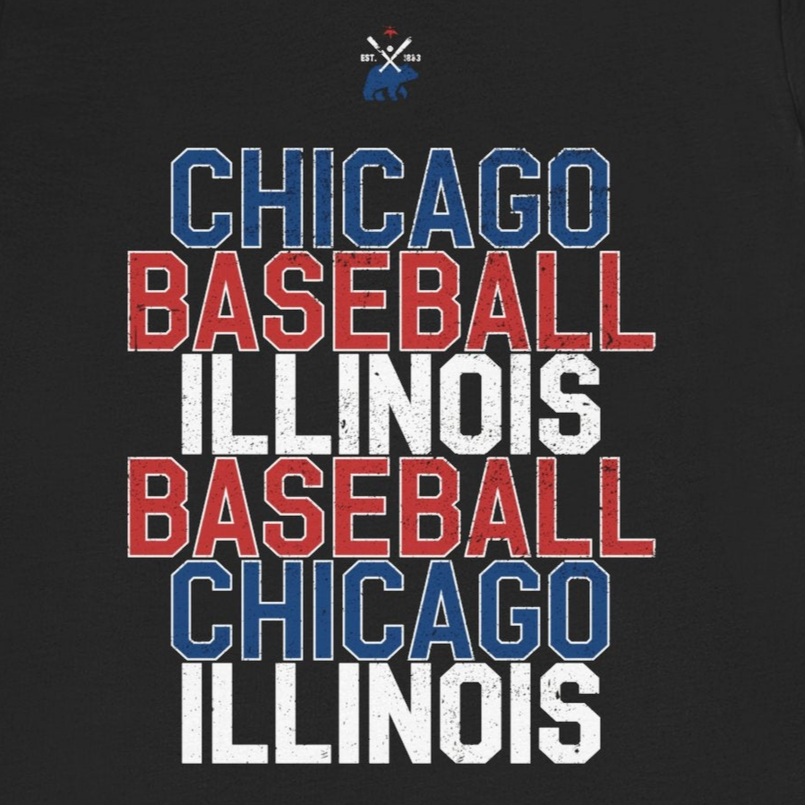 Black t-shirt with 'Chicago Baseball Illinois' text in red, blue, and white on a white background