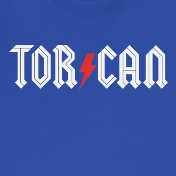 Blue t-shirt with 'TOR CAN' text design on a white background