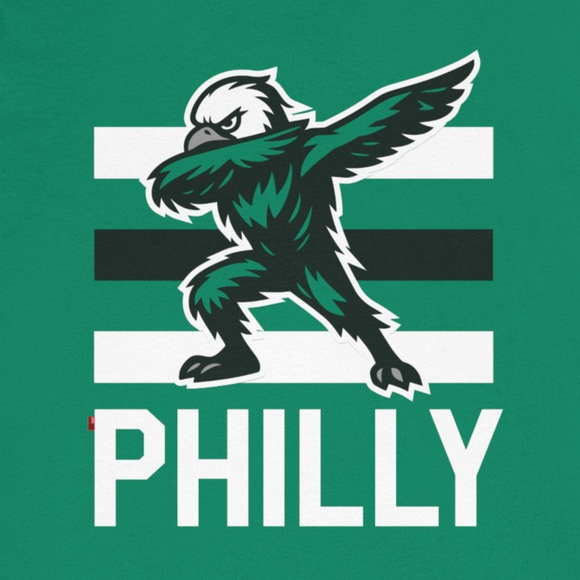 Green t-shirt with a graphic of a bird and 'PHILLY' text on a white background