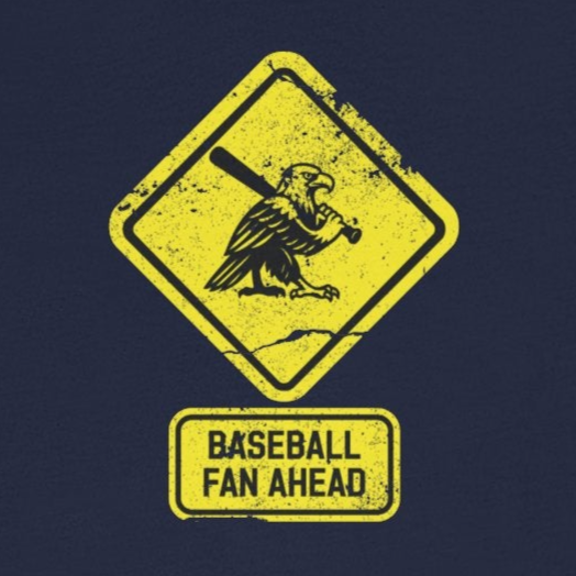 Navy blue t-shirt with a yellow and black graphic on a white background