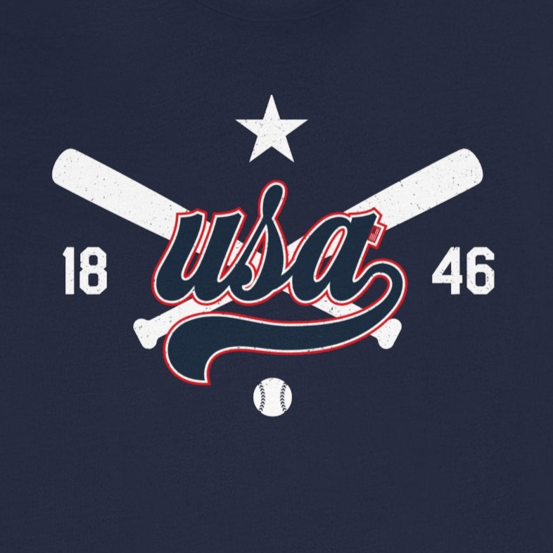 Navy blue t-shirt with 'USA' design featuring two crossed baseball bats and a star on a white background.