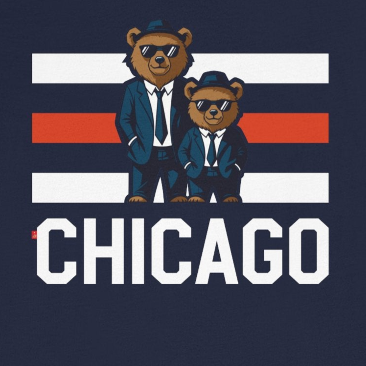 Navy blue t-shirt with two bears in suits and 'Chicago' text on a white background