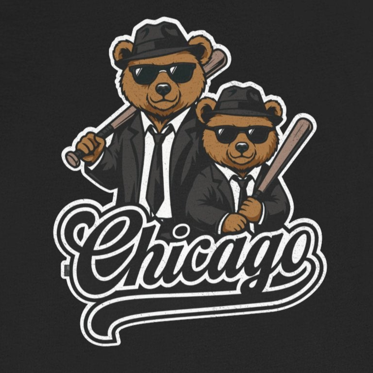 Black t-shirt with two bears in suits and hats holding bats and 'Chicago' text on a white background