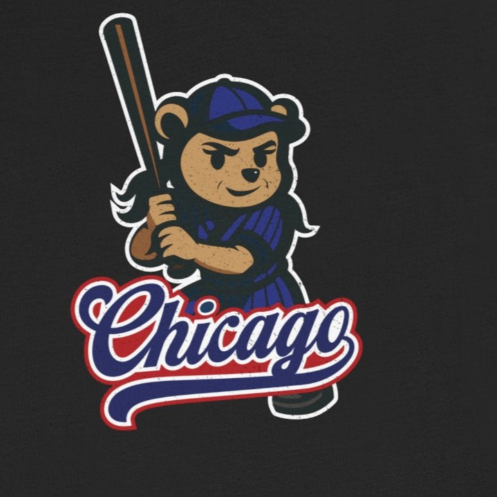 Black t-shirt with a bear holding a bat and 'Chicago' text on a white background