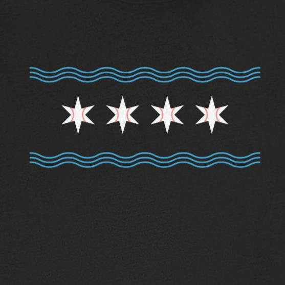 Black t-shirt with a blue and white graphic on a white background