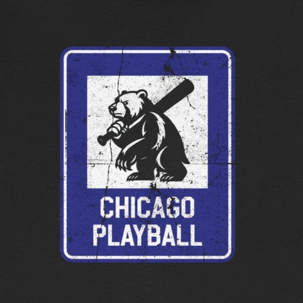 Black t-shirt with 'Chicago Playball' graphic on a white background