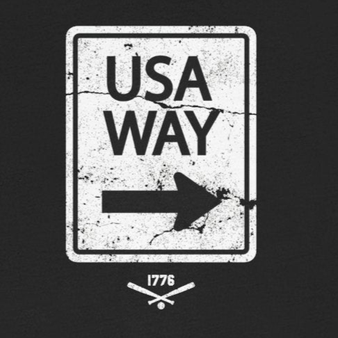 Black t-shirt with 'USA Way' graphic on a white background