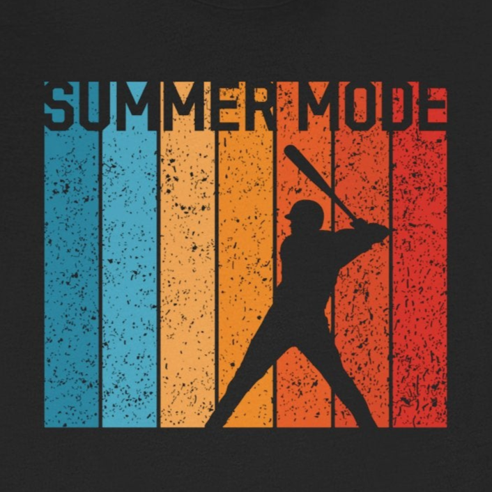 Black t-shirt with 'Summer Mode' graphic design on a white background
