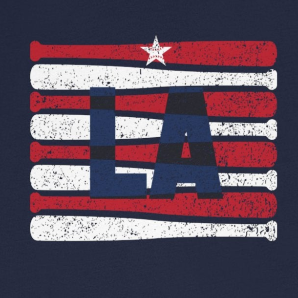 Navy blue t-shirt with a red, white, and blue graphic design on a white background