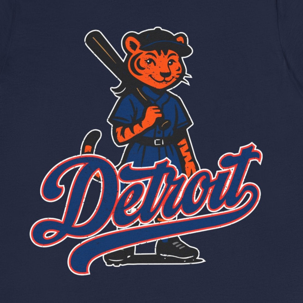 Navy blue t-shirt with a tiger holding a baseball bat and the word 'Detroit' on a white background