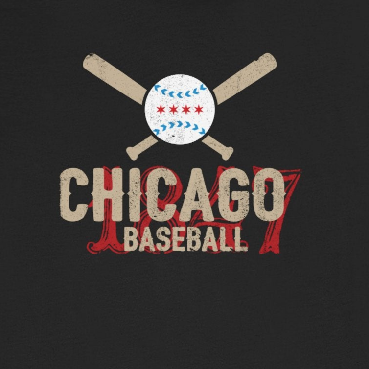 Black t-shirt with 'Chicago Baseball' design featuring a baseball and bats on a white background