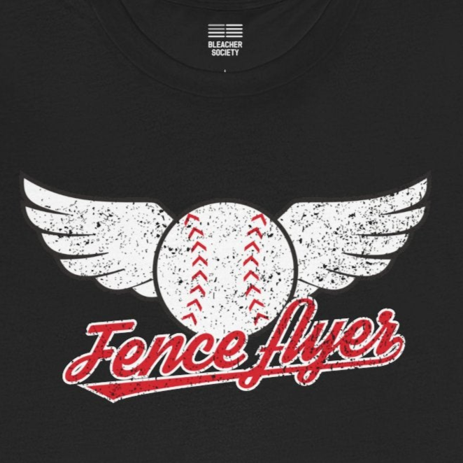 Black t-shirt with a baseball design and 'Fenceflyer' text on a white background