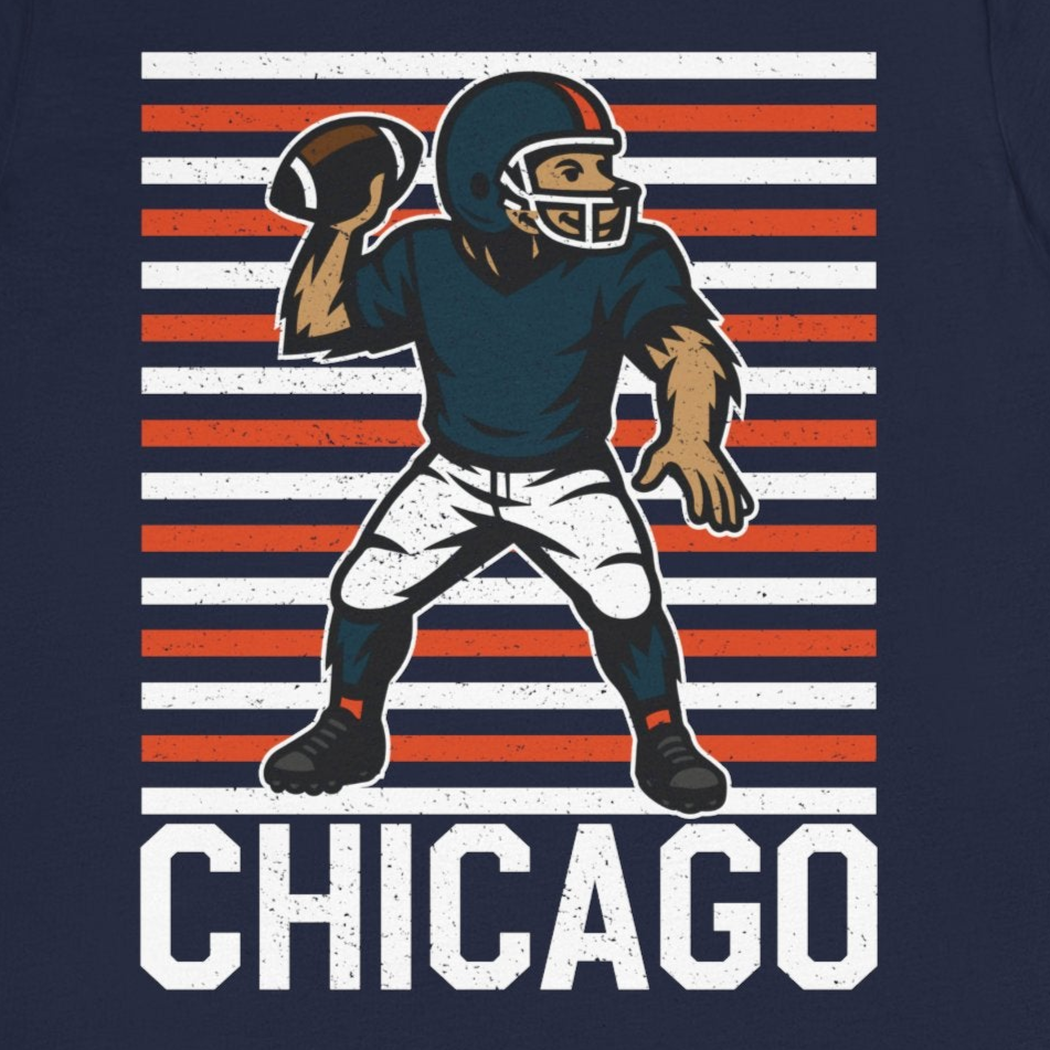 Navy blue t-shirt with a football player graphic and 'Chicago' text on a white background