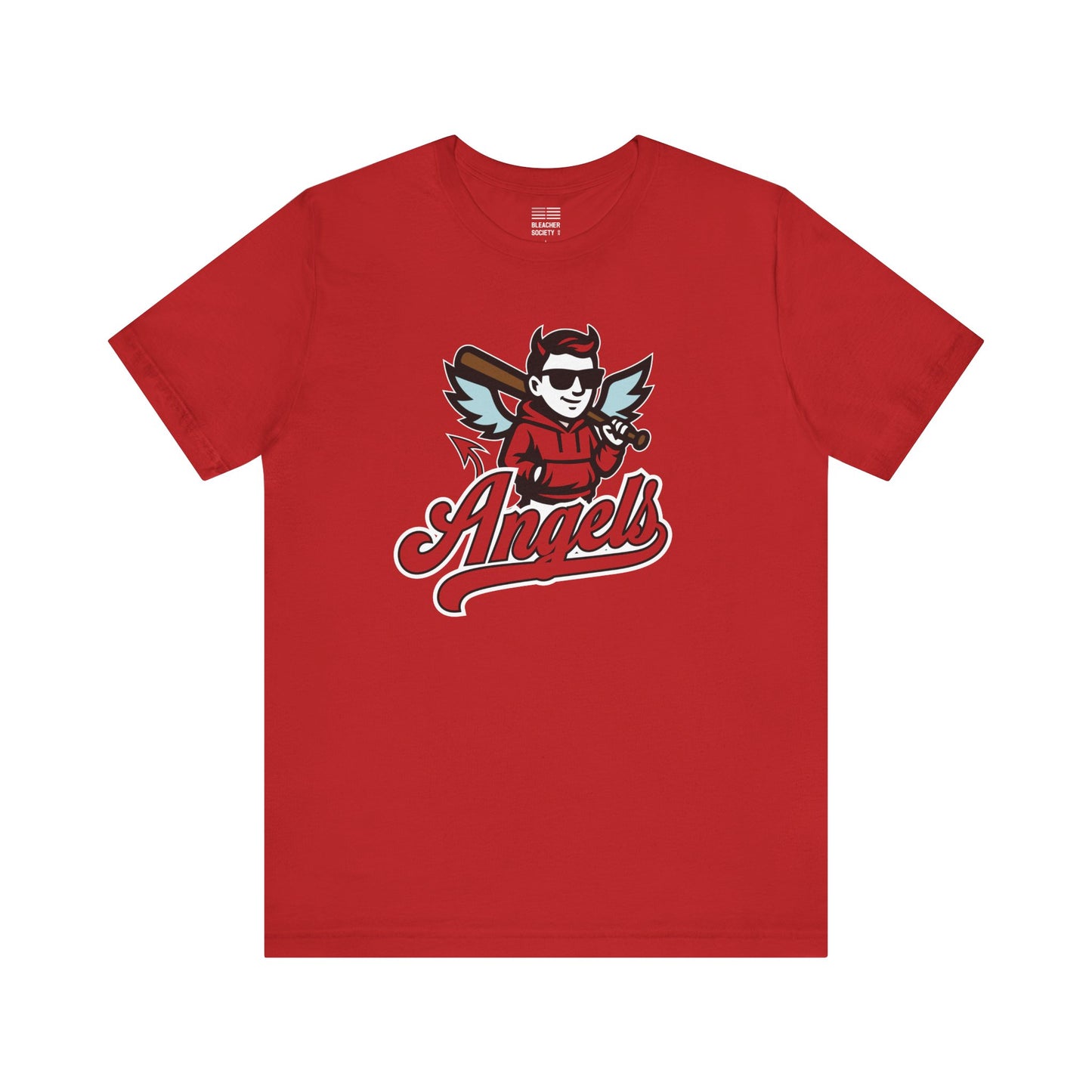 Red t-shirt with a graphic design of a character holding a baseball bat and the word 'Angels' on a white background.