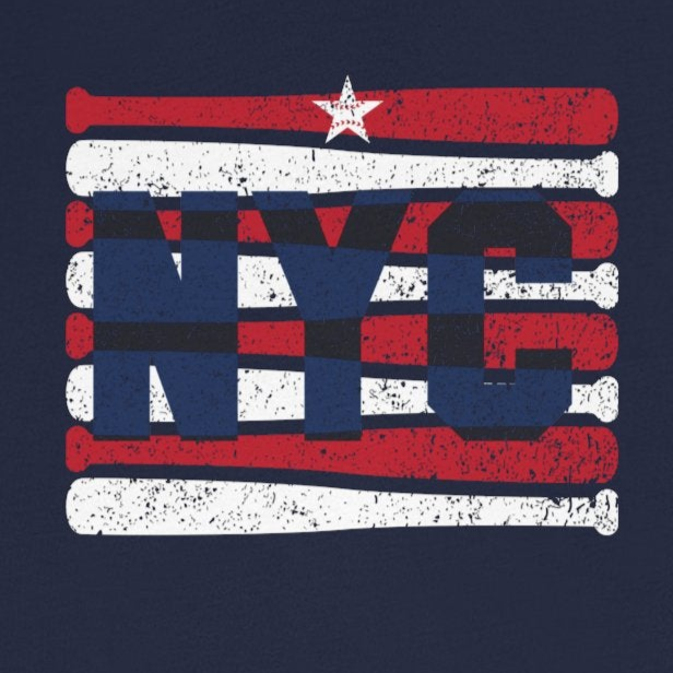 Navy blue t-shirt with red, white, and blue graphic design on a white background