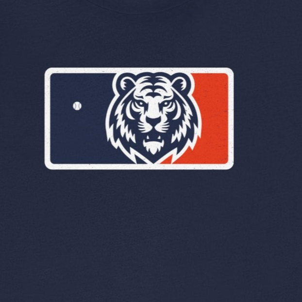 Navy blue t-shirt with a logo featuring a tiger face on a white background