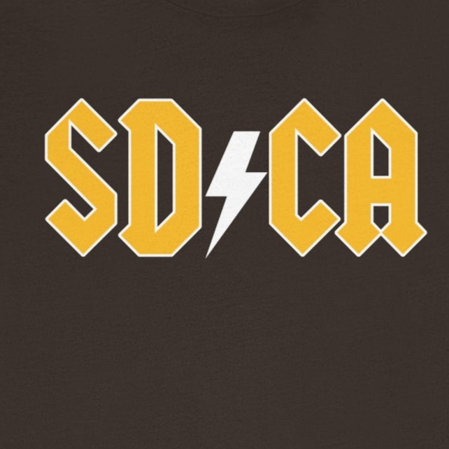Brown t-shirt with 'SD CA' in yellow and a lightning bolt on a white background