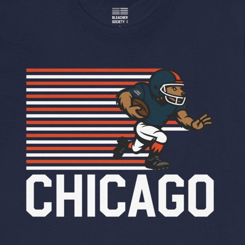 Navy blue t-shirt with a football player graphic and 'Chicago' text on a white background
