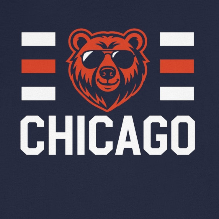 Navy blue t-shirt with a bear graphic and 'Chicago' text on a white background