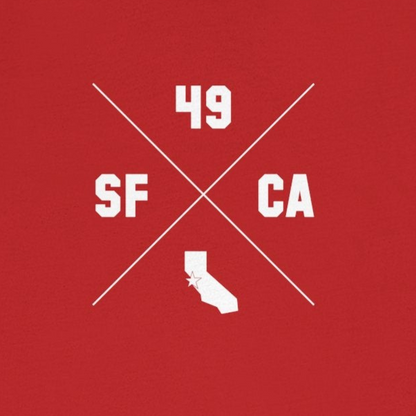 Red t-shirt with white graphic design on a white background