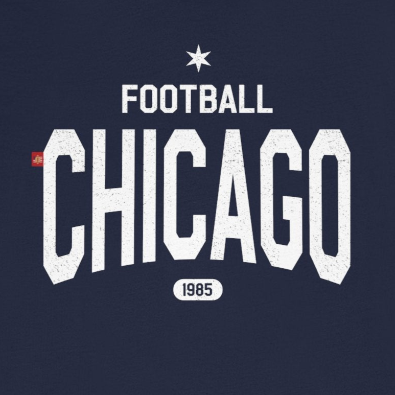 Navy blue t-shirt with 'Football Chicago' text on a white background