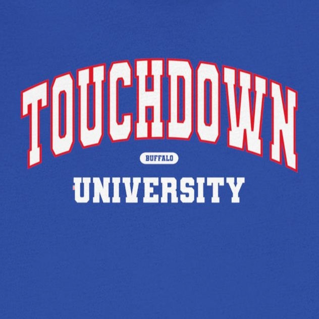 Blue t-shirt with 'Touchdown University' text on a white background