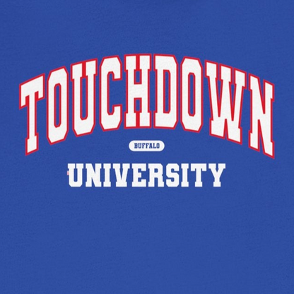 Blue t-shirt with 'Touchdown University' text on a white background