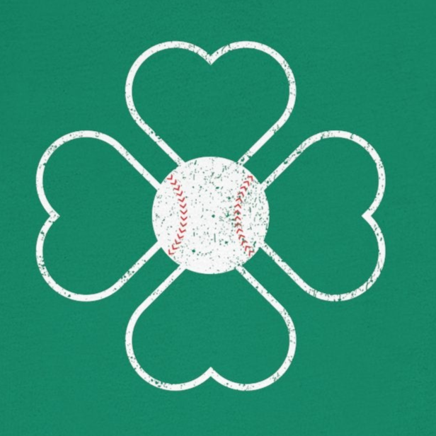 Green t-shirt with a white four-leaf clover design on a white background