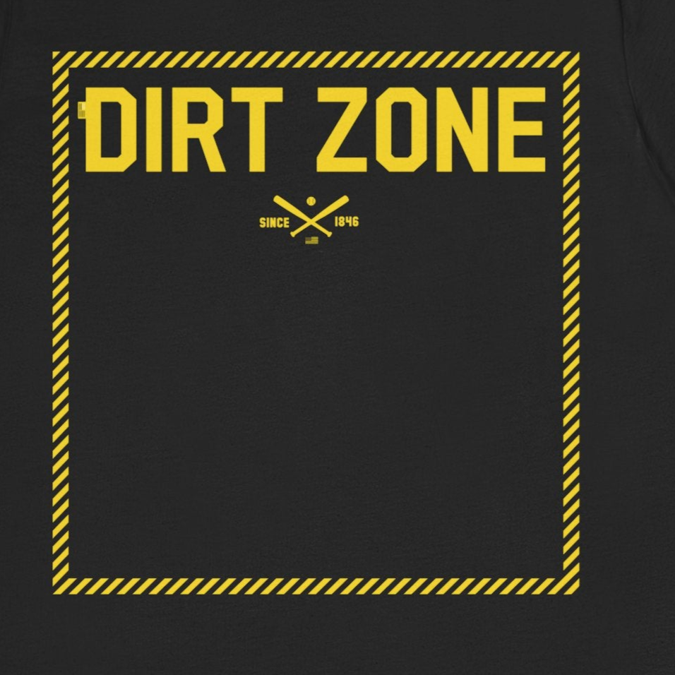 Black t-shirt with 'Dirt Zone' text and yellow border on a white background
