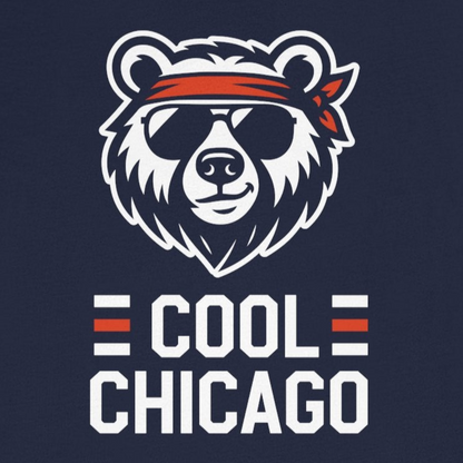 Navy blue t-shirt with bear graphic and 'Cool Chicago' text on a white background