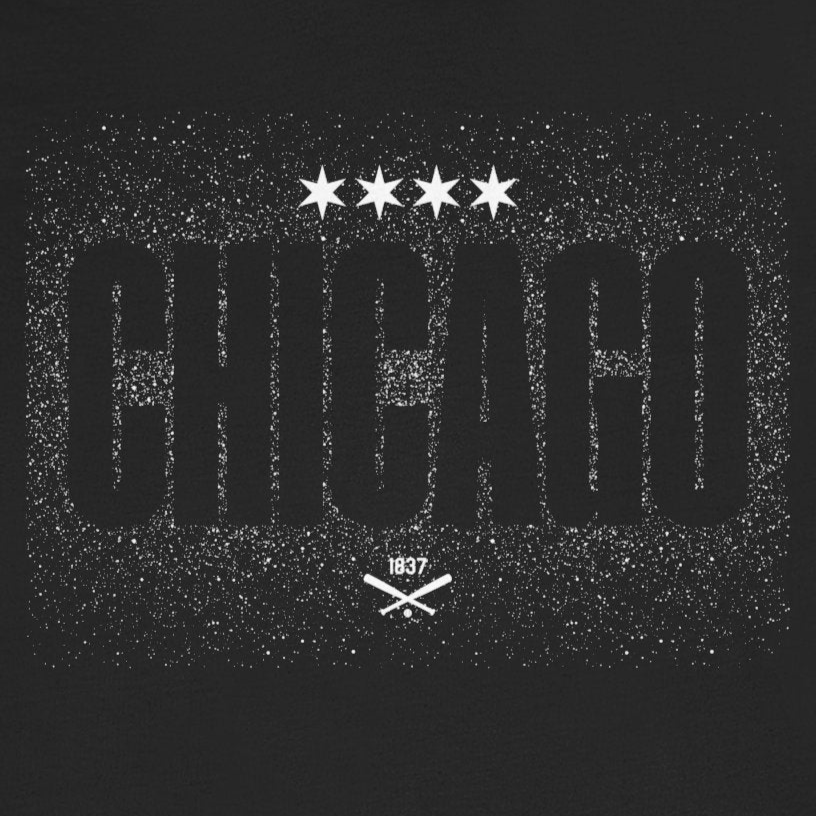 Black t-shirt with white text and graphics on a white background