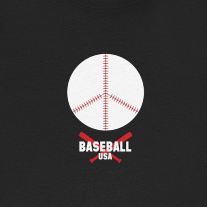 Black t-shirt with a peace sign and baseball graphic on a white background