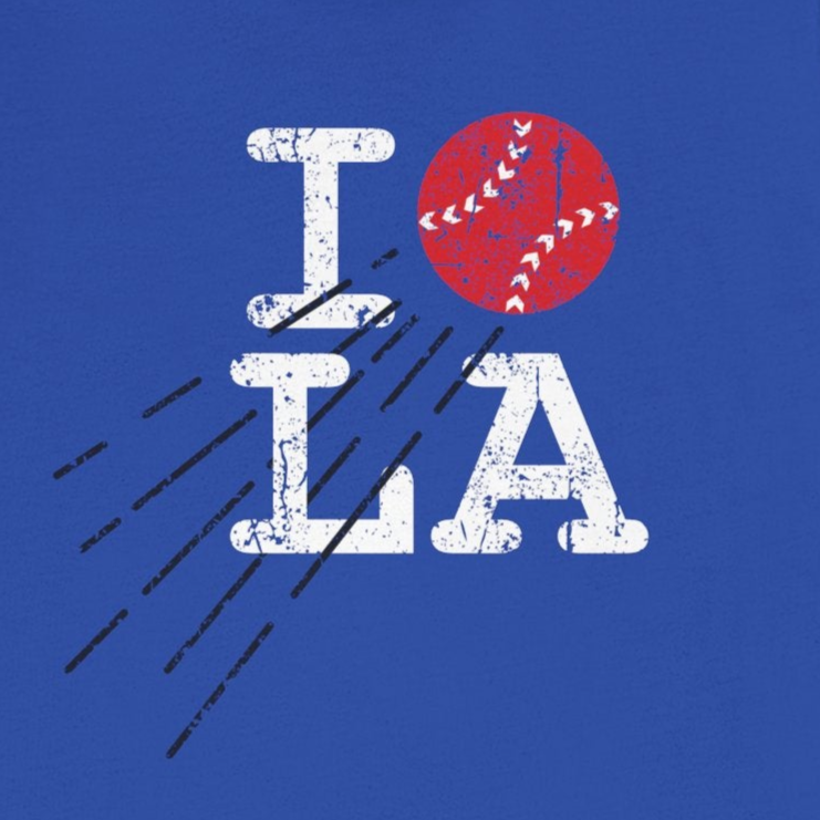Blue t-shirt with 'I LO LA' graphic design on a white background