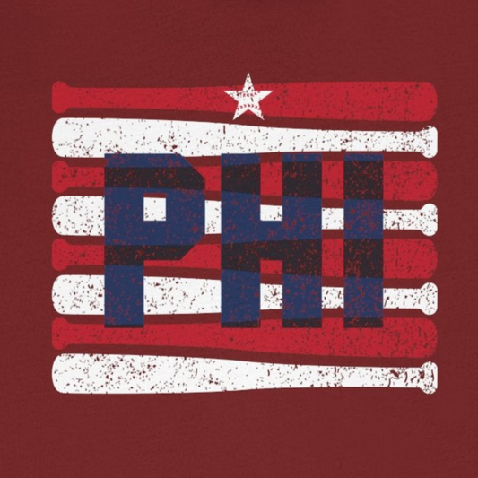 Maroon t-shirt with 'PH!' design on a white background