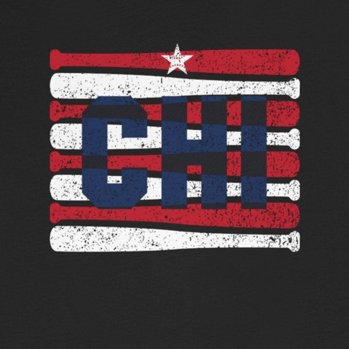 Black t-shirt with a red, white, and blue graphic design on a white background