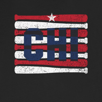 Black t-shirt with a red, white, and blue graphic design on a white background