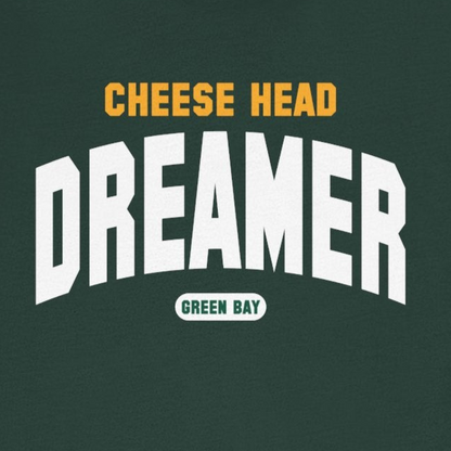 Green t-shirt with 'Cheese Head Dreamer' text on a white background