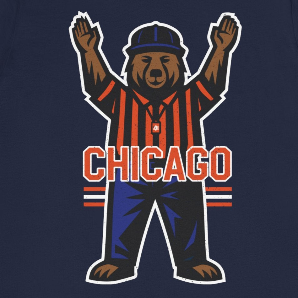 Navy blue t-shirt with a graphic of a bear in a striped suit and cap, with 'Chicago' text, on a white background.