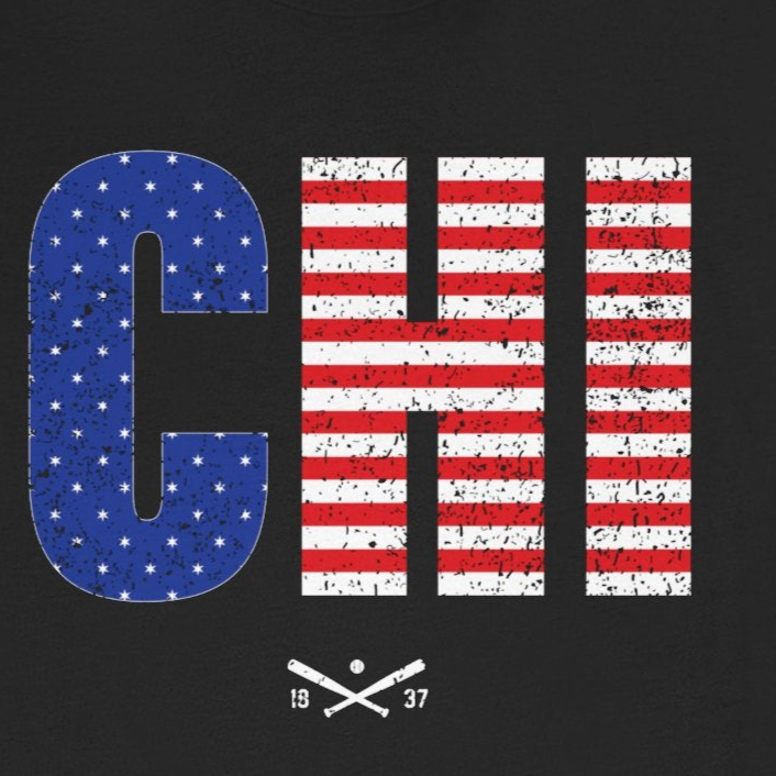 Black t-shirt with 'CHI' design featuring American flag pattern on a white background