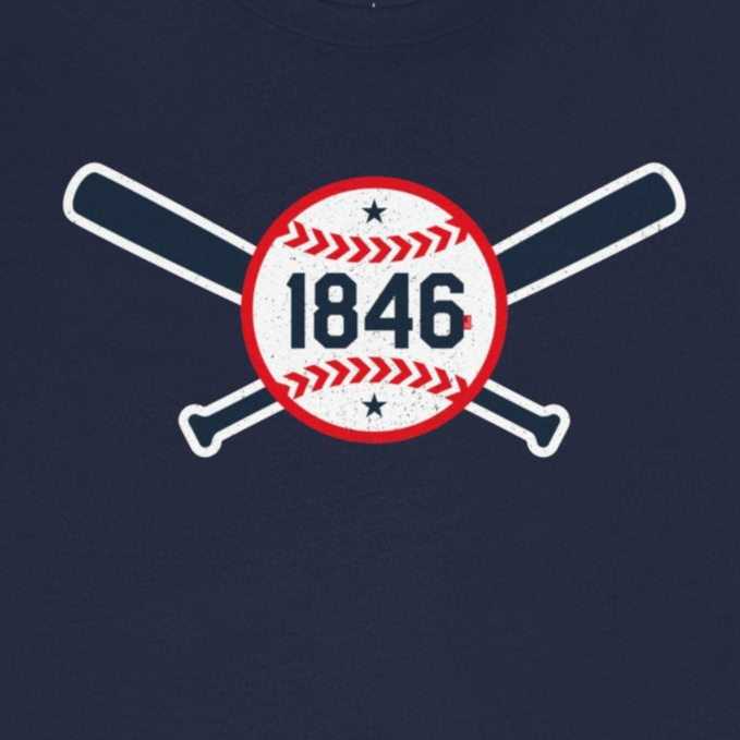 Navy blue t-shirt with a baseball and bats design featuring the number 1846 on a white background.