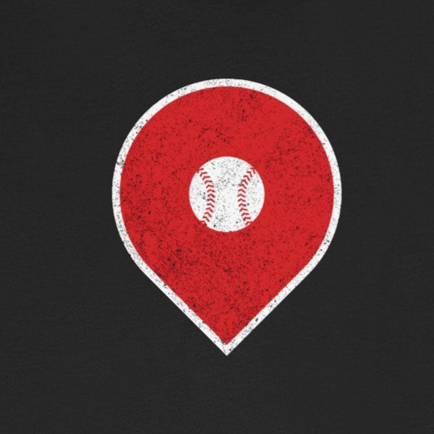 Black t-shirt with a red map pin graphic featuring a baseball on a white background