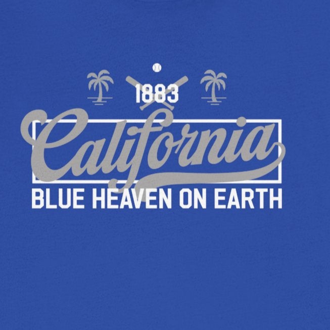 Blue t-shirt with 'California Blue Heaven on Earth' text and palm tree graphics on a white background