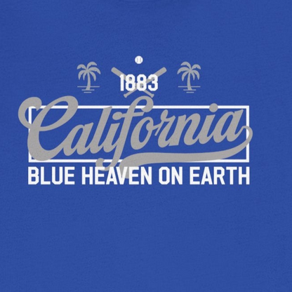 Blue t-shirt with 'California Blue Heaven on Earth' text and palm tree graphics on a white background