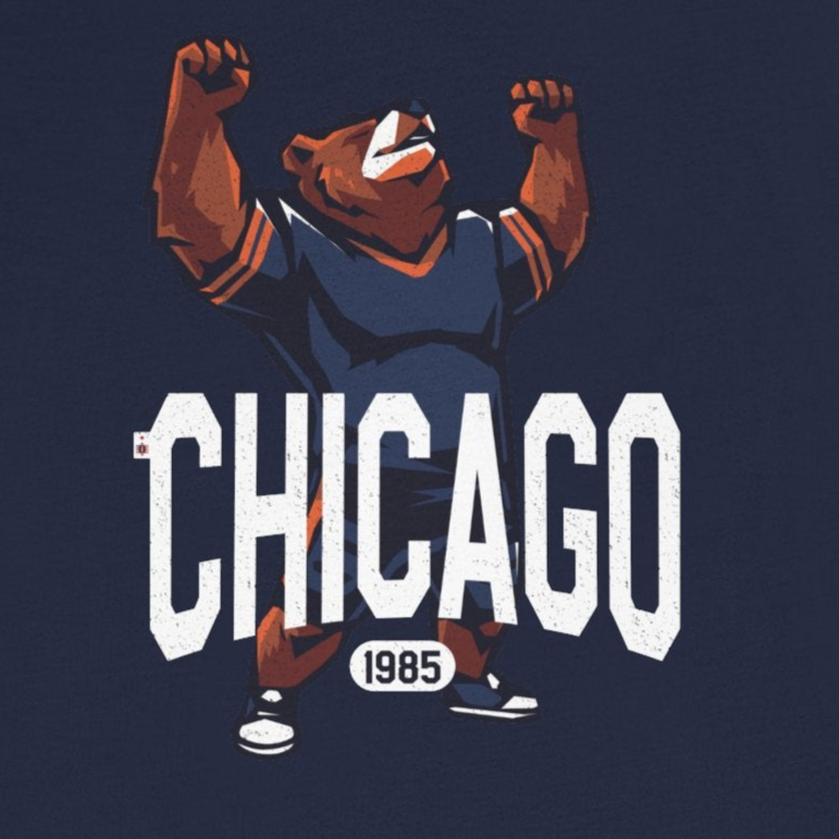 Navy blue t-shirt with a bear graphic and 'Chicago 1965' text on a white background