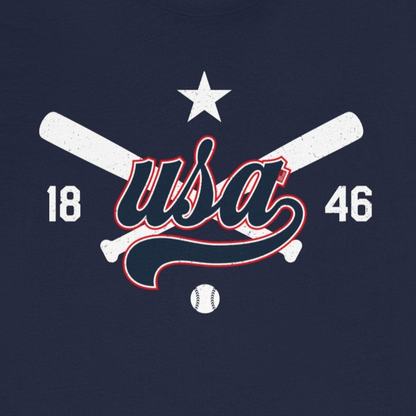 Navy blue t-shirt with 'USA' design featuring two crossed baseball bats and a star on a white background.