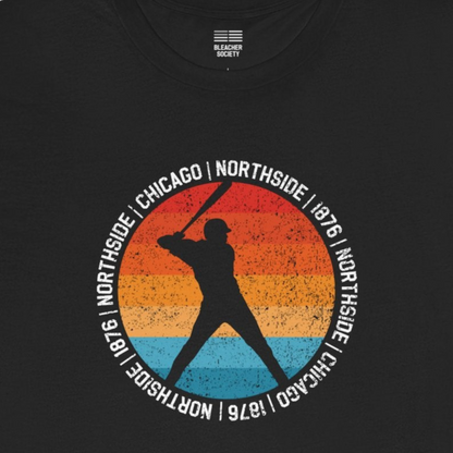 Black t-shirt with a graphic of a baseball player and a sunset design on a white background