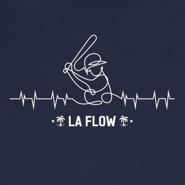 Navy blue t-shirt with white graphic and text on a white background