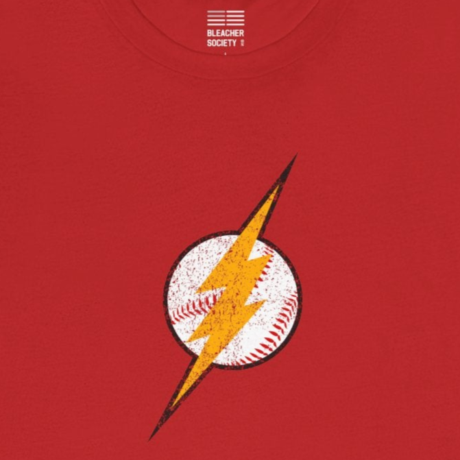 Red t-shirt with a lightning bolt design on a white background