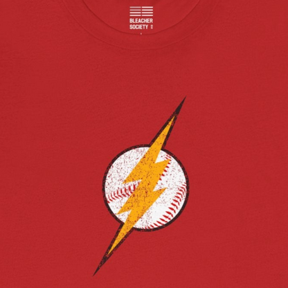 Red t-shirt with a lightning bolt design on a white background