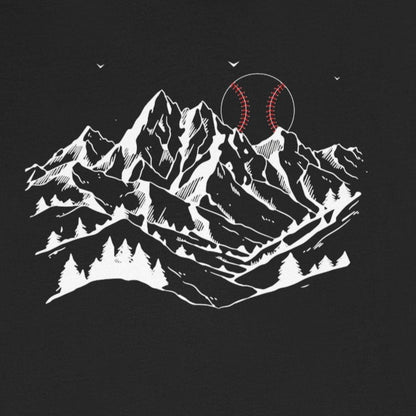 Black t-shirt with mountain graphic on a white background